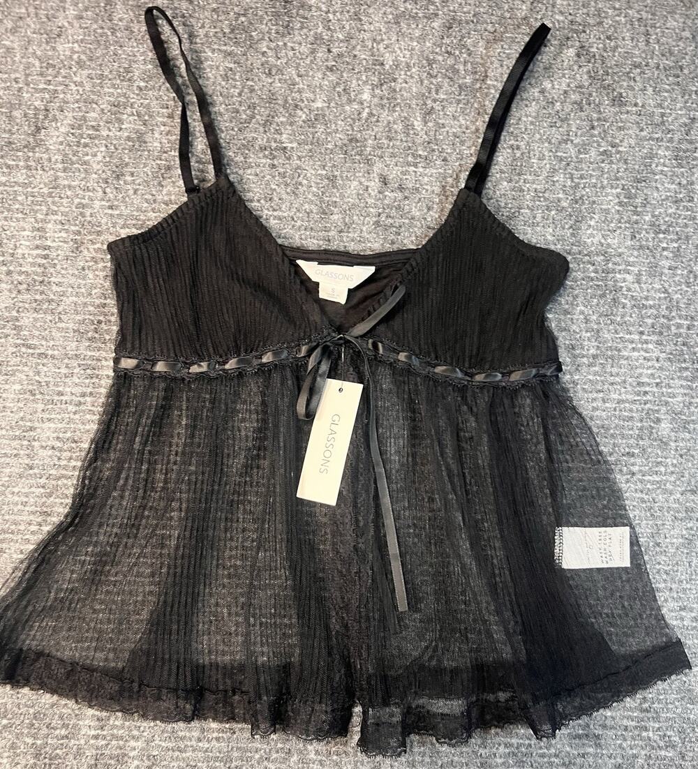 Glassons Womens S Black Mesh Lace Cami Top Satin Bow Babydoll NWT